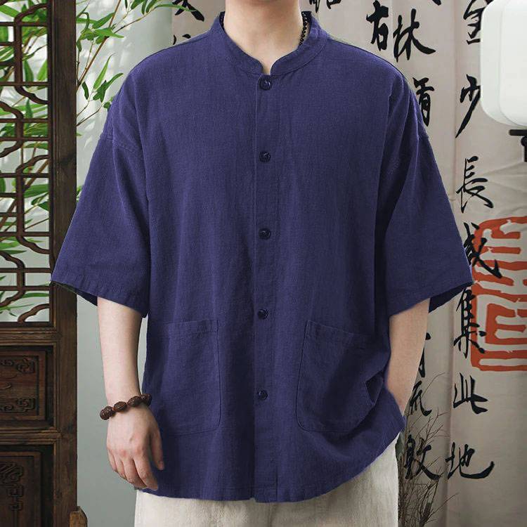 棉麻立領五分袖